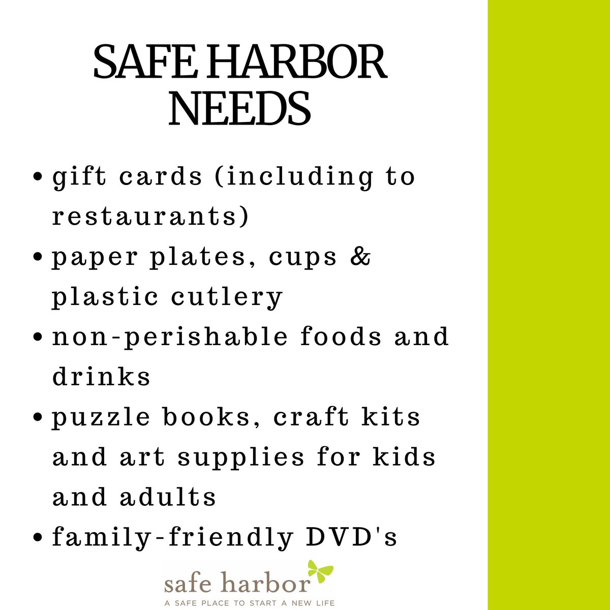SafeHarborInc's tweet image. Donations can be dropped at our community offices – 429 N. Main St., Greenville, SC 29601. Please contact info@safeharborsc.org prior to dropping off donations so we can be sure that someone will be available to receive them, as many of our staff are currently working from home.