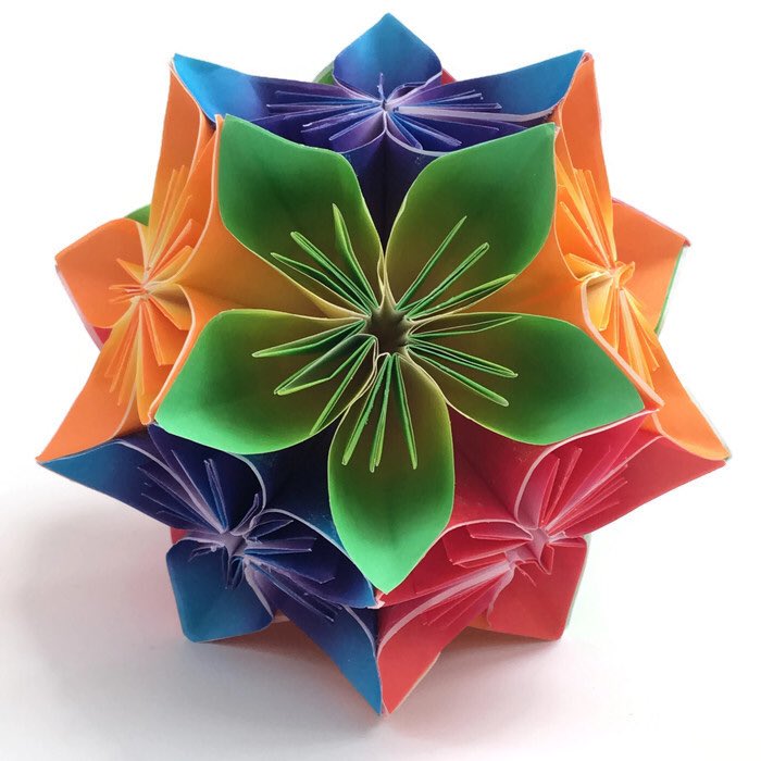 1) First off, one of my old favourites: a dodecahedral kusudama flower ball You could make a daffodil-yellow version for Easter... Instructions:  https://www.wikihow.com/Make-a-Kusudama-Flower &  https://www.wikihow.com/Make-a-Kusudama-Ball #3DMaths  #HandsOnMaths  #LockdownMaths  #ArtfulMaths