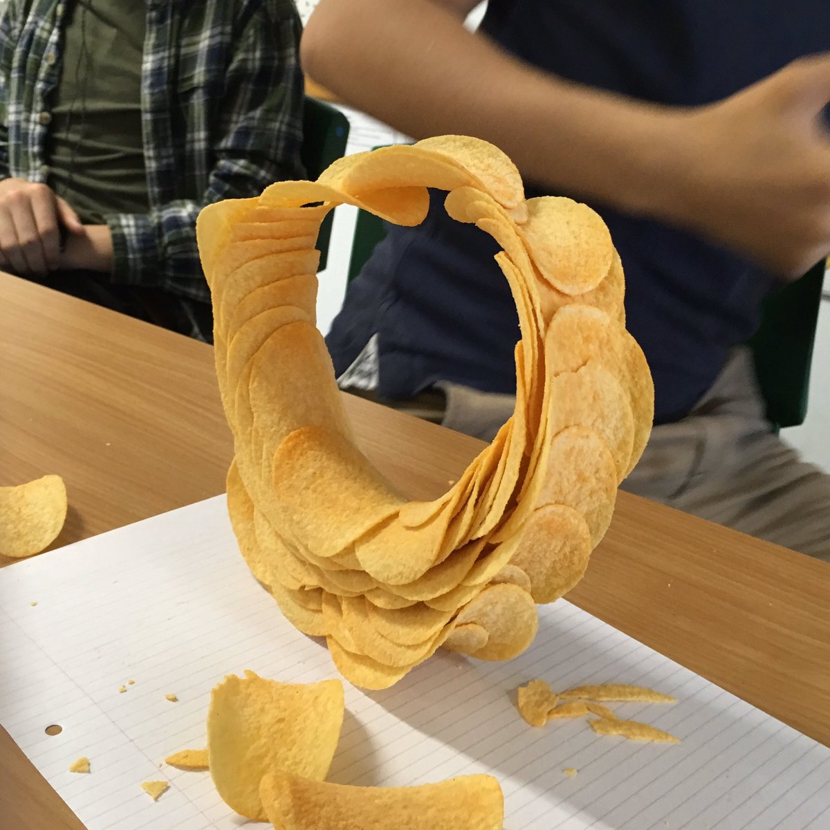 2) Something yummy next: a self-supporting, hyperbolic paraboloid  @Pringles ring More info here:  https://interestingengineering.com/geometry-of-pringles-crunchy-hyperbolic-paraboloidOr use Erik Demaine’s instructions to fold paper versions:  http://erikdemaine.org/hypar/  #3DMaths  #HandsOnMaths  #LockdownMaths  #ArtfulMaths