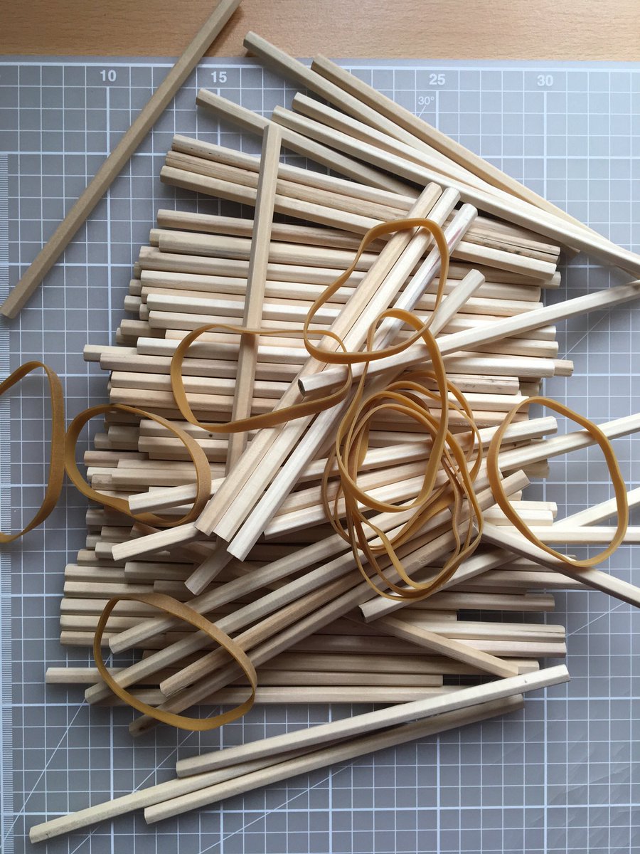7) Paper not your thing? Pencils are? You’ll need a lot of them for the fantastically rewarding Hexastix!See my  #ArtfulMaths blog post here with excellent video instructions from  @standupmaths:  https://www.artfulmaths.com/blog/hexastix PS elastic bands disintegrate so best use string instead