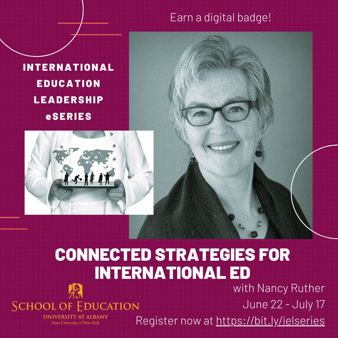 mitchlev's tweet image. Join us @UAlbanyEdu for "Connected Strategies for Intl Education"- essential skills for all Intl Ed leaders in times of transformation. 4-wk, online, badged, June 22 – July 17. Taught by Nancy Ruther, distinguished IE leader. More &amp;gt;&amp;gt; tinyurl.com/ubmrtrc @UAlbany @EPL_UAlbany