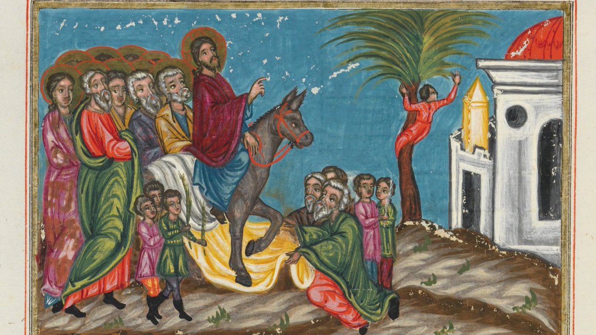 John 12:13-14 "Took branches of palm trees, and went forth to meet him, and cried, Hosanna: Blessed is the King of Israel that cometh in the name of the Lord. And Jesus, when he had found a young ass, sat thereon; as it is written." [215]