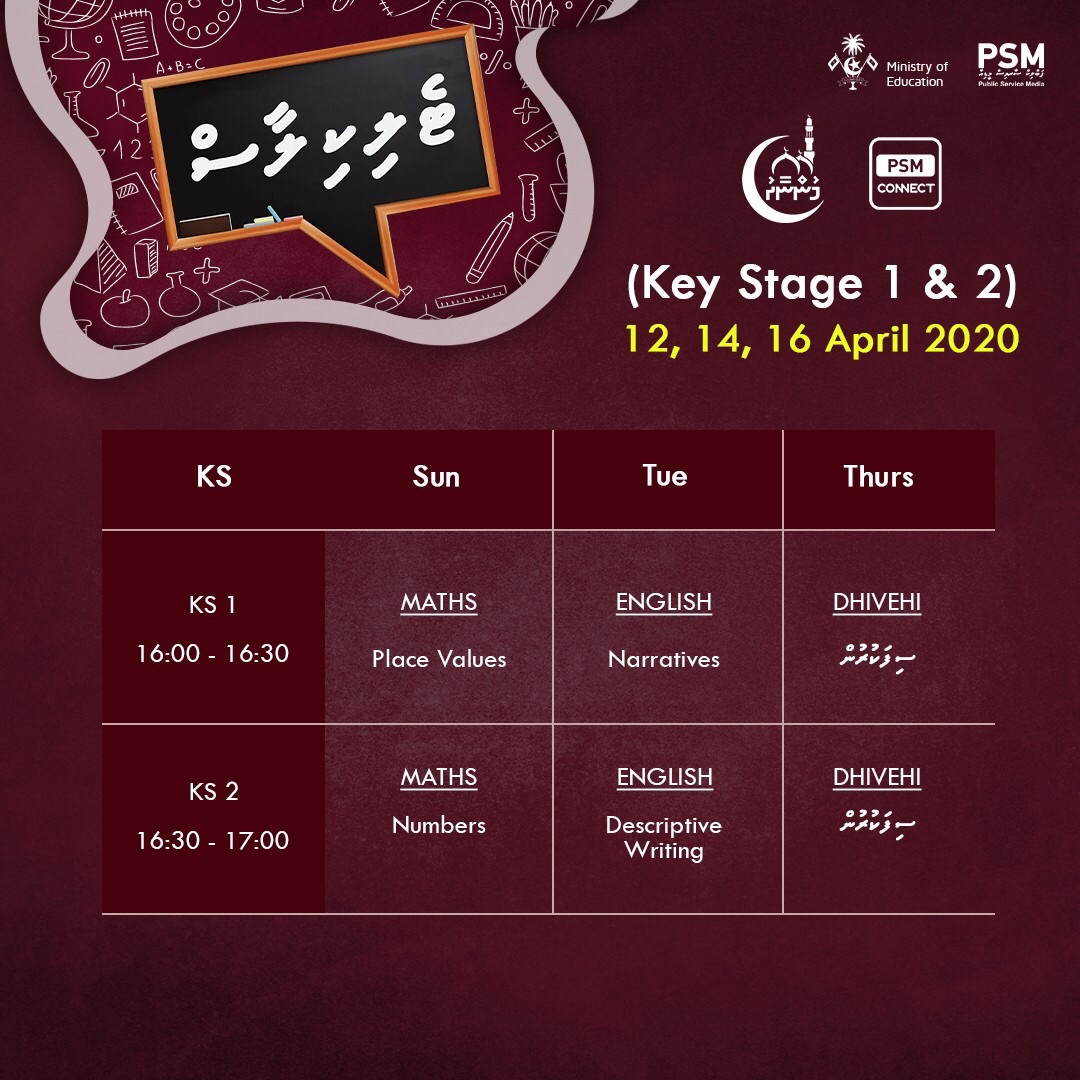 MoEdumv's tweet photo. We are excited to start Telekilaas for key stage 1 &amp; 2 from tomorrow.
Here's the schedule for 12, 14 &amp; 16 April 2020. 
#StayHomeStaySafe https://t.co/Wj6dOUEby1
