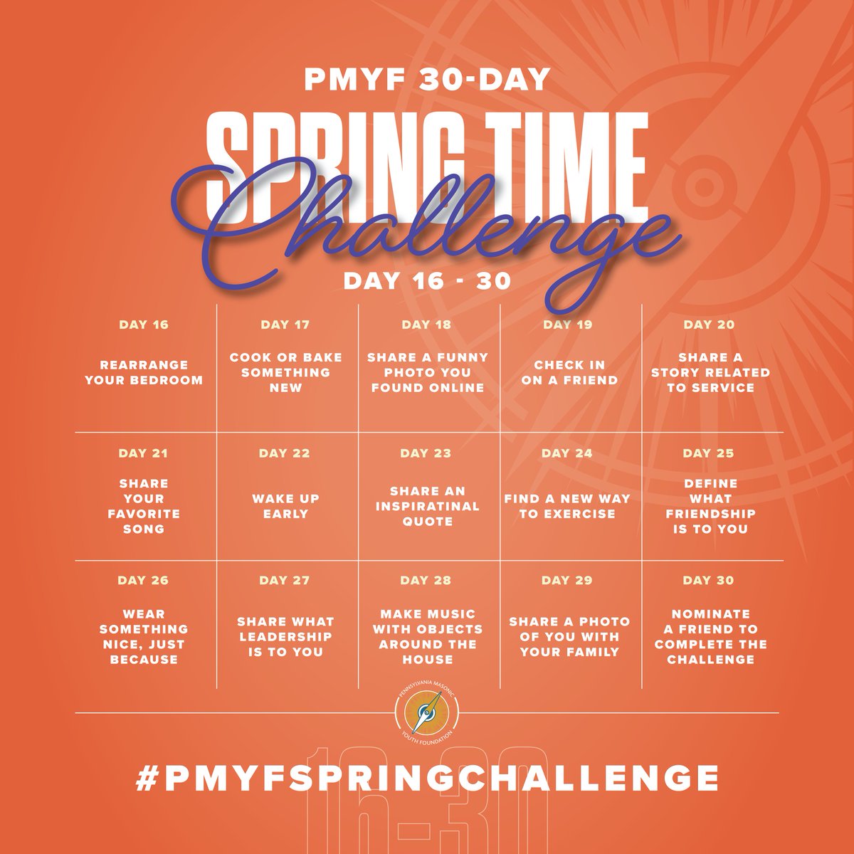 PMYF is issuing a new challenge. We'd like to introduce the PMYF Springtime Challenge. The Challenge is filled with 30 days of fun tasks that will allow us to connect through social media. When you complete a task, please use this hashtag. 
#PMYFSPRINGCHALLENGE
