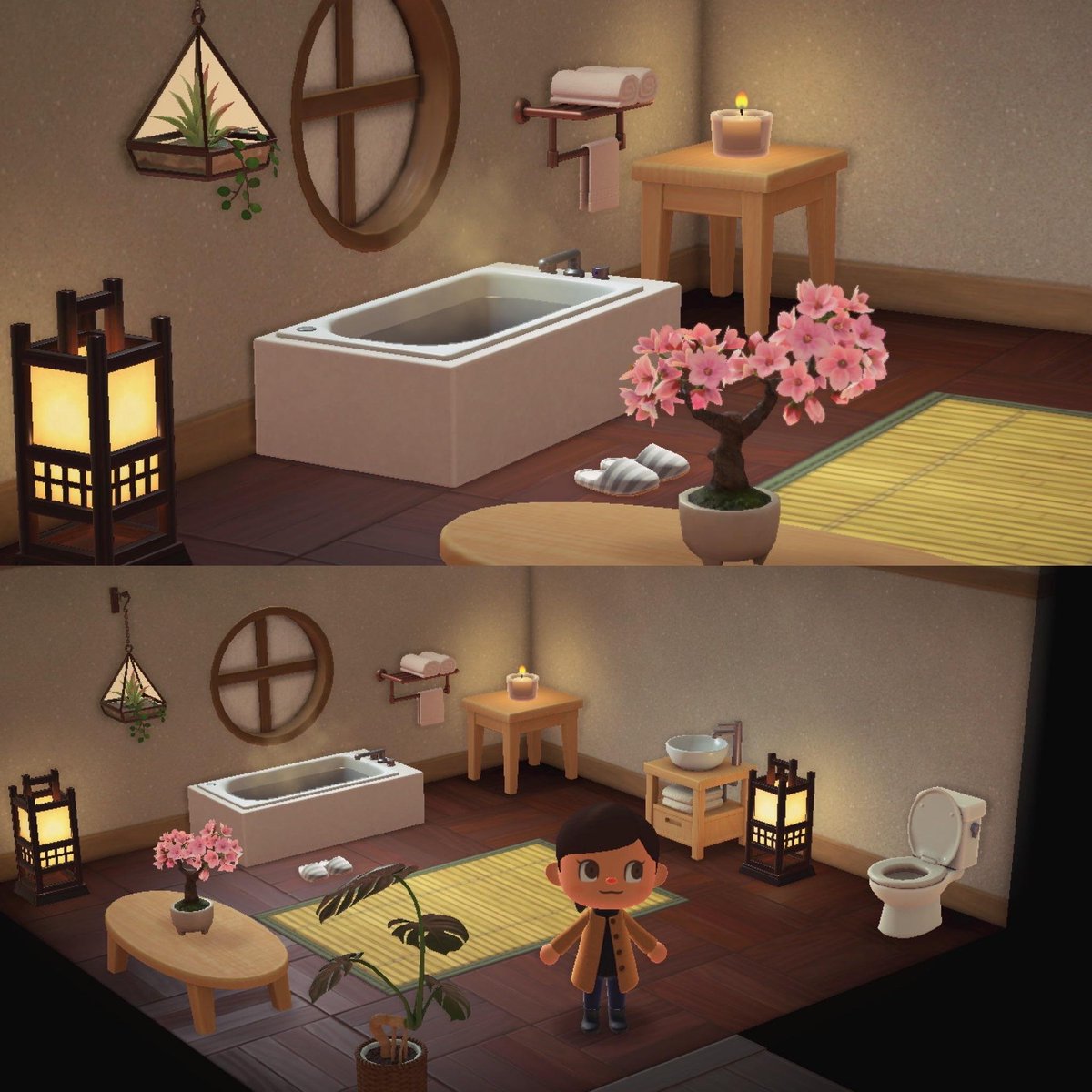 33. Une salle de bain cosy (Source :  https://www.reddit.com/r/AnimalCrossing/comments/fyib74/time_to_whine_down_soak_up_the_suds/)
