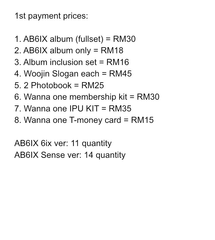 Petite Seoul mega sale! Our korean address owner aka an ABNEW bought extra ab6ix albums to get into fansigns n shes selling all albums and some items for low prices! Refer to the thread and 2nd pic for the prices  All prices stated are 1st paymentSolely first pay first serve