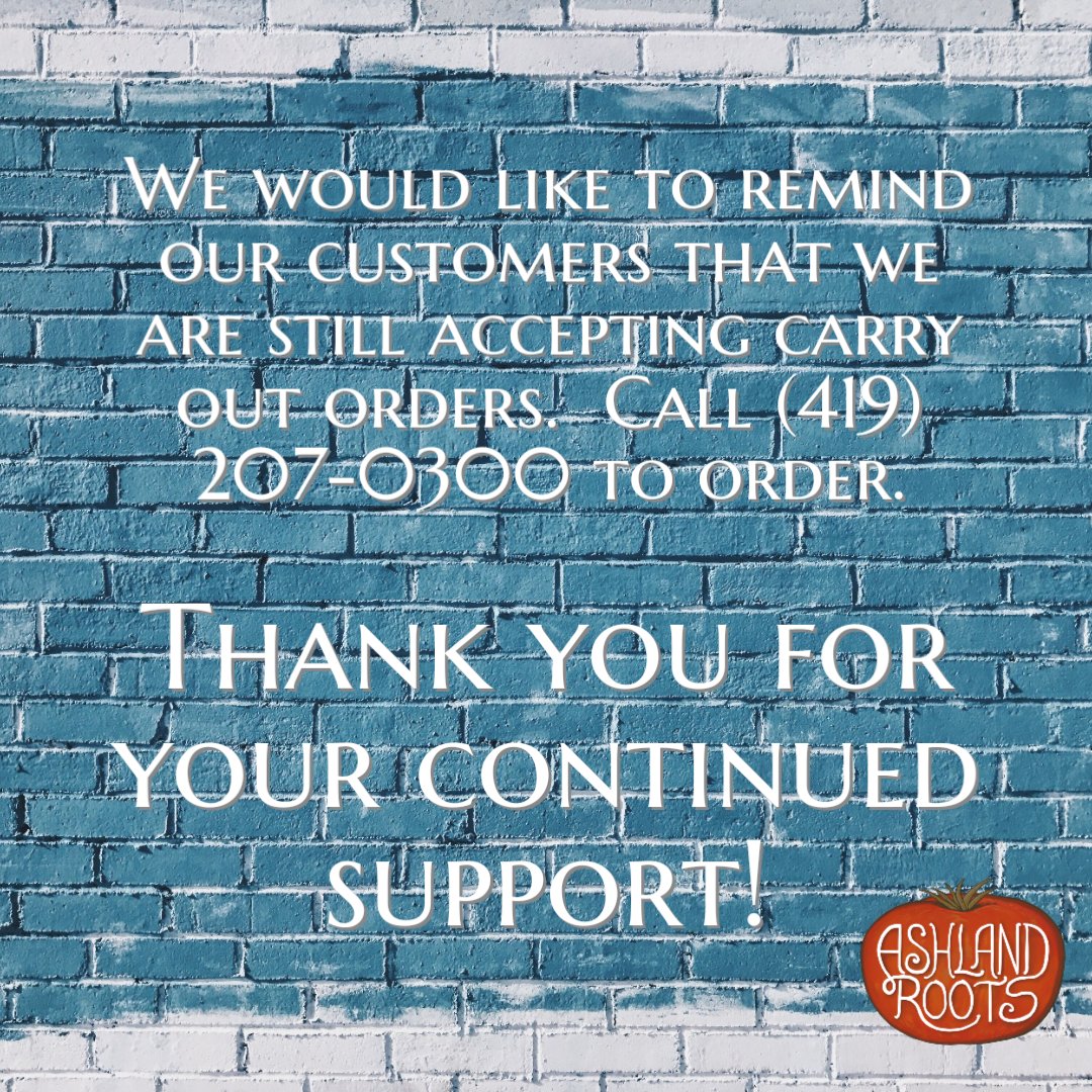 AshlandRoots's tweet image. We are still accepting carry out orders. Call (419) 207-0300 to place your order. Check out what we've got before you call by looking at our website AshlandRoots.community/inventory

#AshlandOhio #FourOneNine #SupportLocal #Farmers #LocalFood #SmallBusiness #Fresh #order #pickup #service