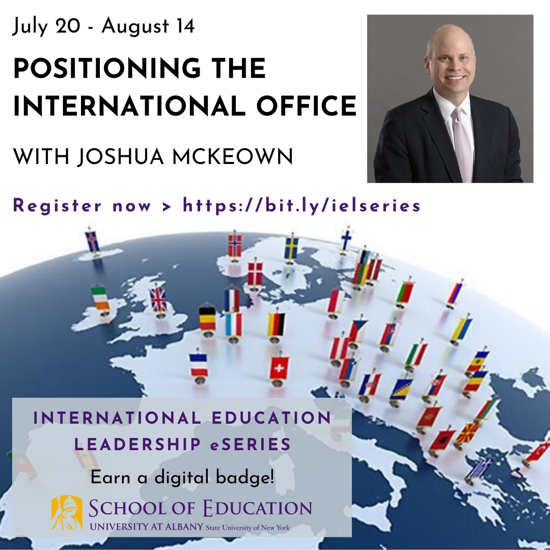 mitchlev's tweet image. Join us @UAlbanyEdu for "Positioning International Offices"- essential skills for Intl Ed leaders in times of transformation. 4-wk, online, badged, July 20 – August 14. Taught by Joshua McKeown, distinguished  IE leader. More &amp;gt;&amp;gt; tinyurl.com/tdh266l  @UAlbany @EPL_UAlbany