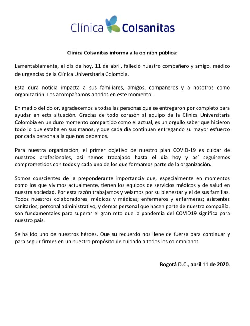 MinSaludCol's tweet photo. Lamentamos el fallecimiento por COVID-19 de un médico de urgencias de la Clínica Universitaria Colombia. Su memoria perdurará, con enorme gratitud, en todas las vidas que contribuyó a salvar a lo largo carrera. Nuestra solidaridad con sus familiares y allegados en estos momentos. https://t.co/5WsEksiDP3