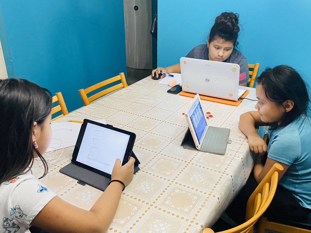 IlianaMR2's tweet photo. My princesses working online.  1st grade, 3rd grade 7th grade. https://t.co/5Q7Gf26O0R