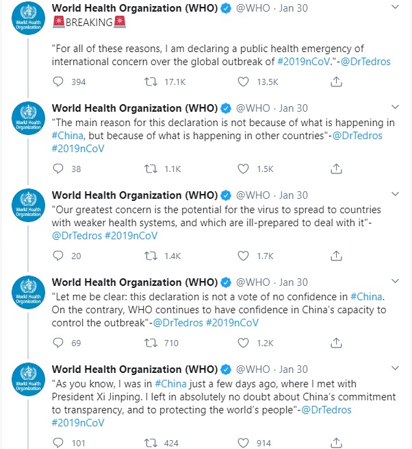 The WHO convened soon after to decide what to do, and after a day of meetings decided to meet in a week. That next meeting was 1.30. At the end of that meeting they decided to declare a "Public Health Emergency of International Concern" But observe the framing again: 12/n