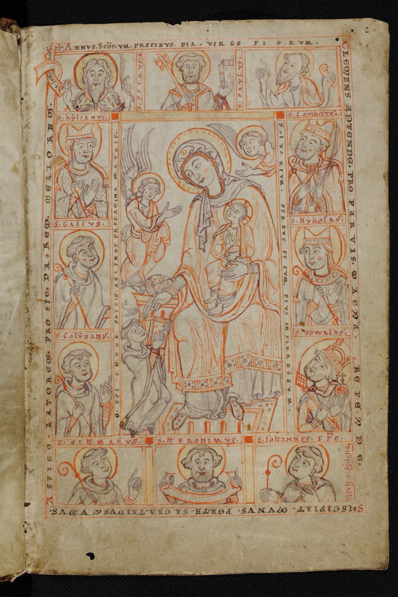 The frontispiece is a visual table of contents! The other illustrated Saints are of import in Germanic lands or in Lambach in particular: John the Baptist, Peter, Paul, Oswald, John (Disciple of St. Gall), Columbanus, Kilian (one of the patrons of Lambach).