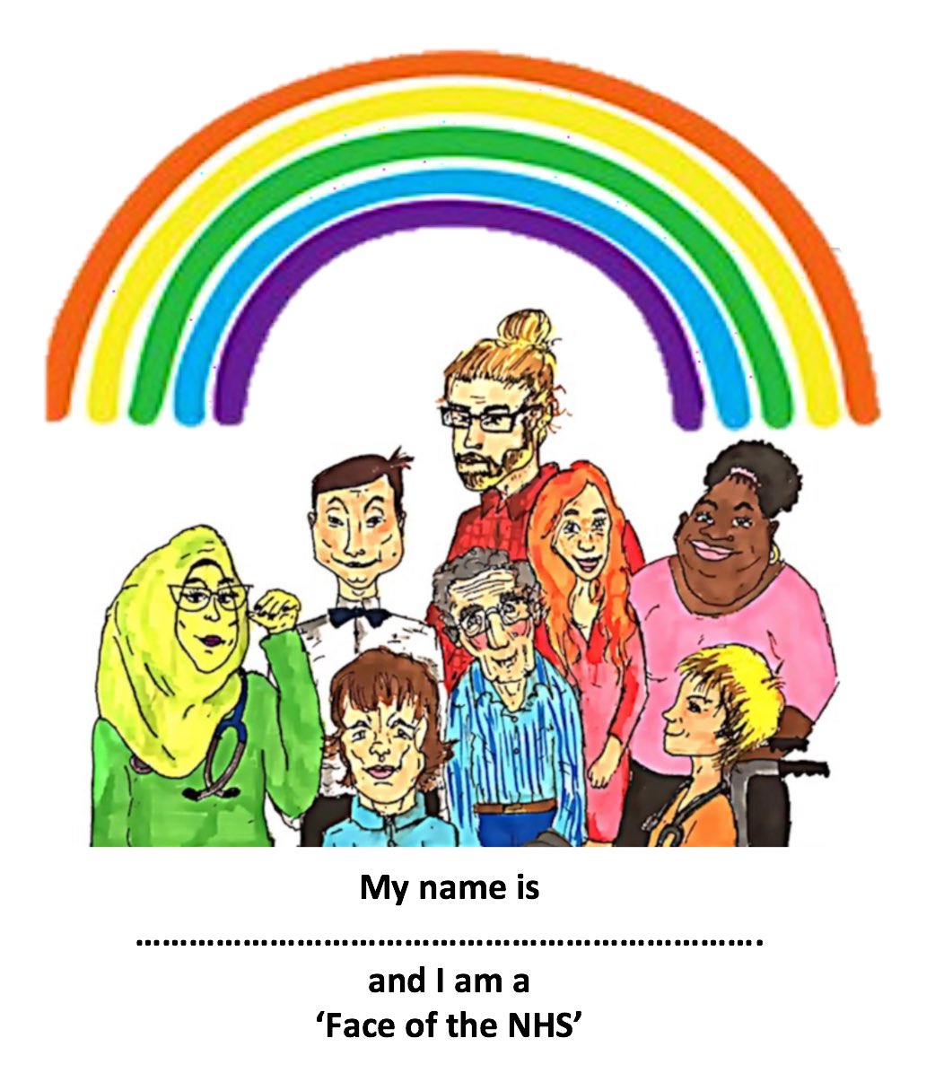 FacesoftheNHS's tweet photo. ***NHS STAFF***
Faces of the NHS has created a template, free for all to use, as stickers/signs/ID, on top of PPE, to remind all patients and staff that underneath the PPE we are all friendly faces of the NHS! 

Spread the word for anyone who would like these! 🌈 

#facesofthenhs https://t.co/GKoYgY5tXI