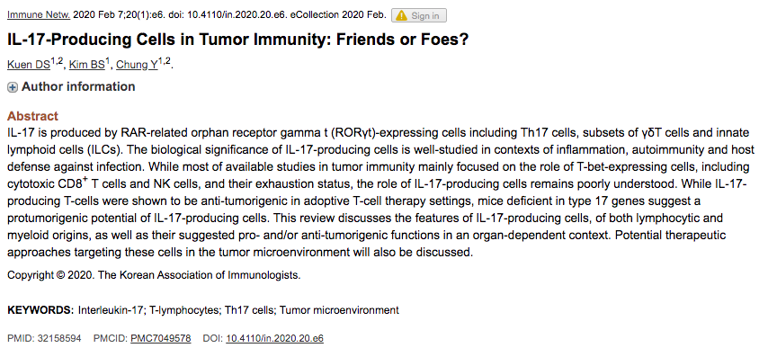 11/8)CancersIL-17A producing cells are closely associated w/cancer. Depending on cancer type, IL-17A may have pro or anti-tumorigenic effects. https://www.ncbi.nlm.nih.gov/pmc/articles/PMC7049578/Chronic inflammation contributes to cancer development, growth, therapy resistance & metastasis (31315034)