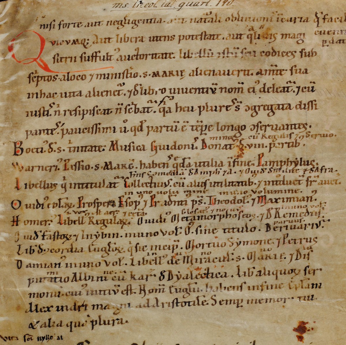 But wait, there's more! On f. 1 we find a list of books held by the Lambach Abbey in the late 12th c., as recorded by Gottschalk himself! A treasure trove of information. What were the monks reading? Boethius! Homer! Pamphylus! Aesop! Ovid! No wonder Gottschalk was such a poet.