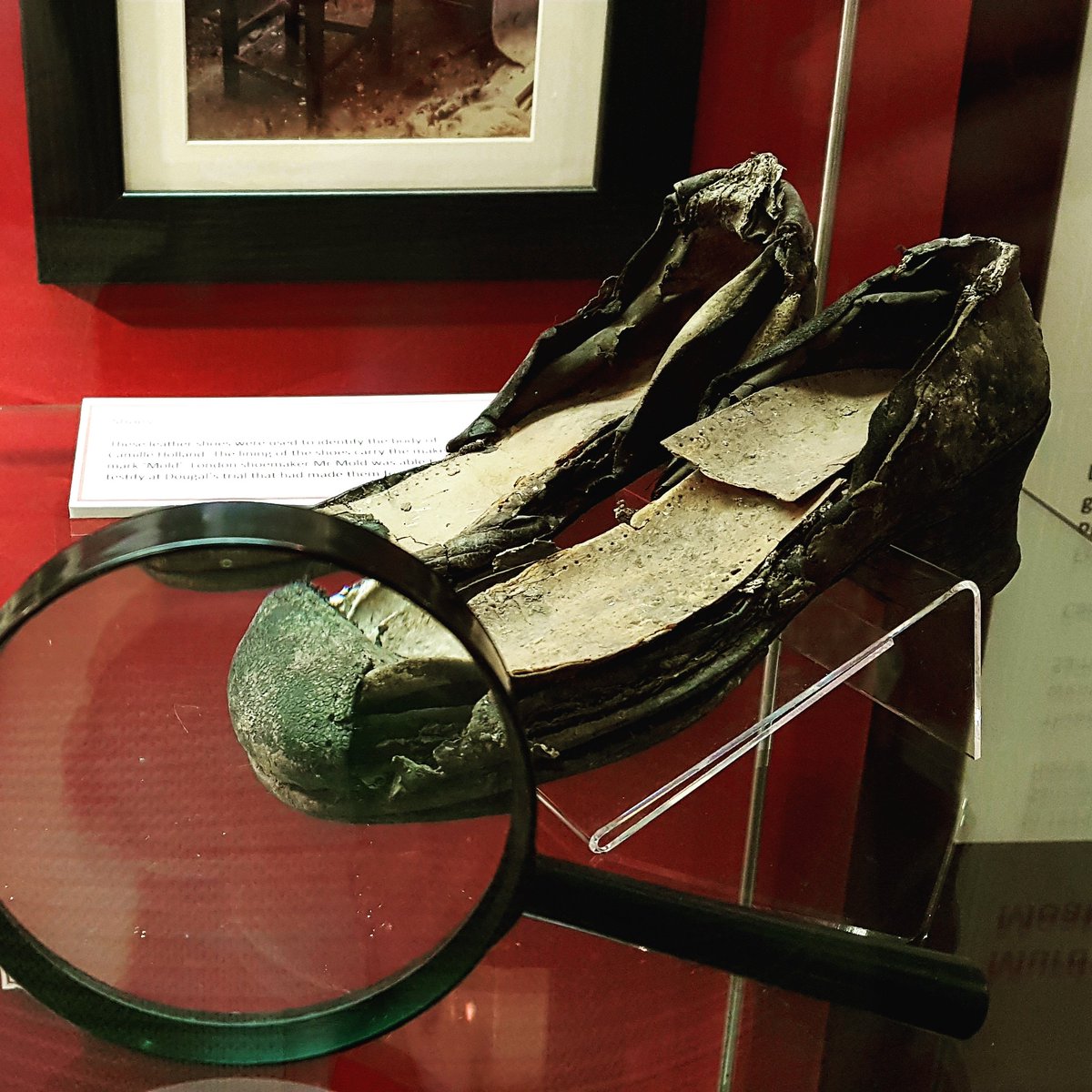 Exhibit E...the shoes!At the end of last week we challenged you to guess the object based on it's close up. It was the shoes! These are the actual shoes that were found on the body and were fundamental to identifying the person!