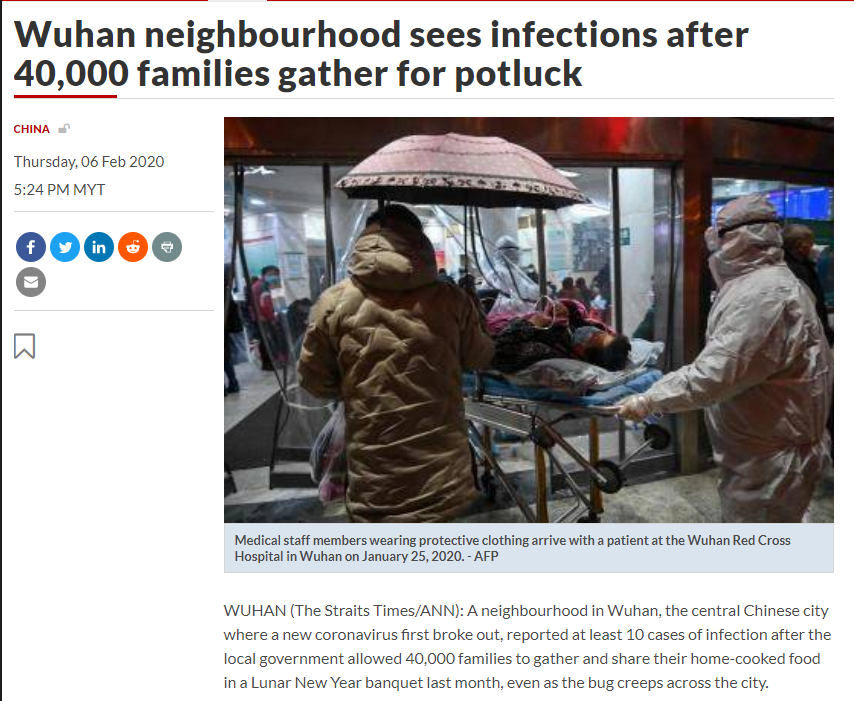 In China, as an ever-increasing number of patients swarmed local hospitals no public mitigation measures were evident. A lunar year banquet scheduled in Wuhan proceeded as planned January 18th, and 40,000 families gathered to share home-cooked food 9/n