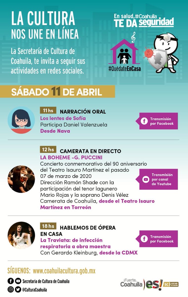 AgarrateMC's tweet photo. @CulturaCoahuila 
Nos invita para hoy sábado 

#LaCulturaNosUneEnLínea📲🖥💻     Cartelera sábado 11 de abril                                                                                              #QuédateEnCasa https://t.co/1jpEoXRN2r