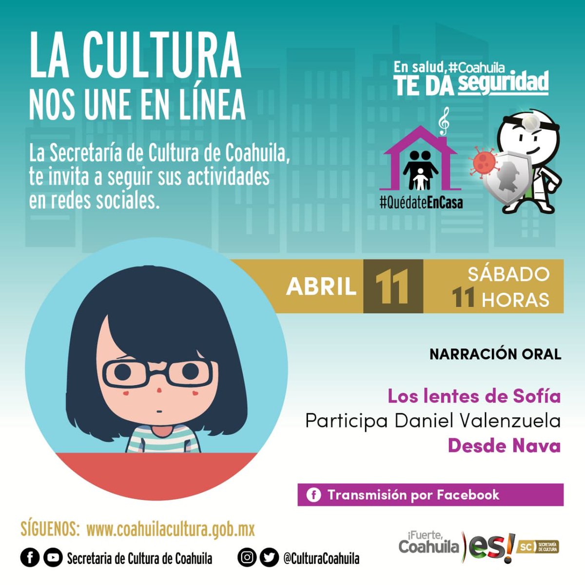AgarrateMC's tweet photo. @CulturaCoahuila 
Nos invita para hoy sábado 

#LaCulturaNosUneEnLínea📲🖥💻     Cartelera sábado 11 de abril                                                                                              #QuédateEnCasa https://t.co/1jpEoXRN2r