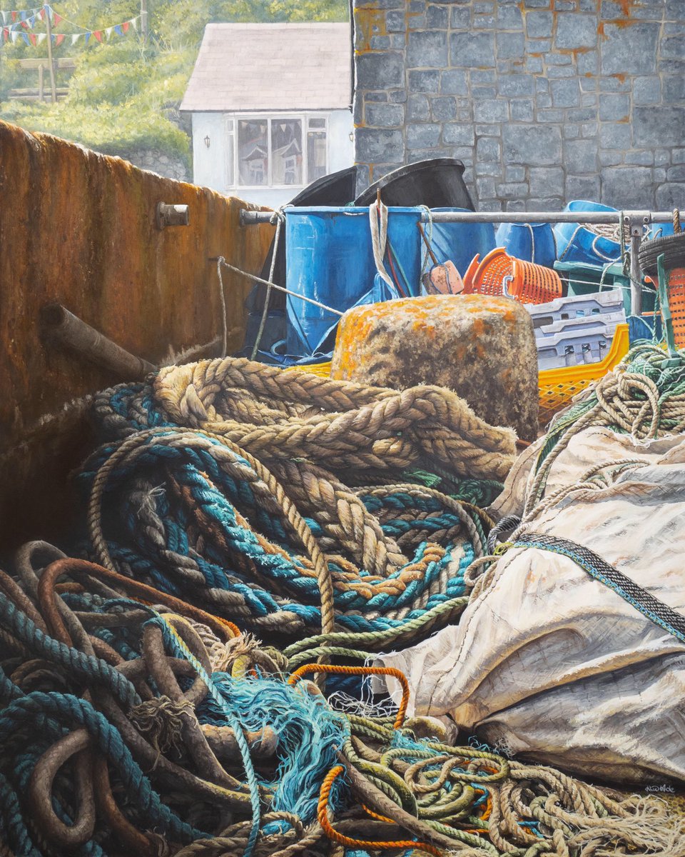 ‘Lines Entwined, Porthleven’ 60x75cm, acrylic on paper laminated onto board
In this painting I wanted to convey the complicated but intertwined relationship between Cornwall &amp; the sea 🌊 
#cornwall #painting #alicehole #aliceholeartist #art #cornishart #cornishcoast #porthleven