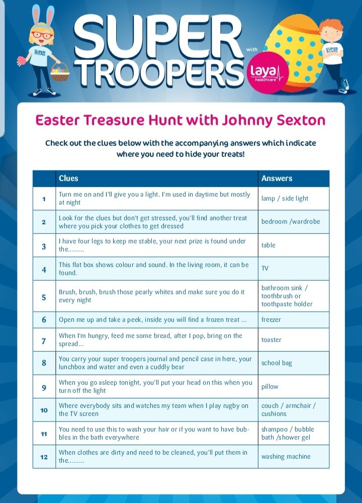 selda_simsek's tweet photo. Great 'crack' today doing the Super Troopers Easter Teasure Hunt with @JohnnySexton ...if you missed out and fancy giving it a whirl with the rug rats... clues below re where to hide the loot then all you gave to do is press play on @LayaHealthcare channels 👇 Hoppy Easter! 🐰😁 https://t.co/VG8UbexK7N