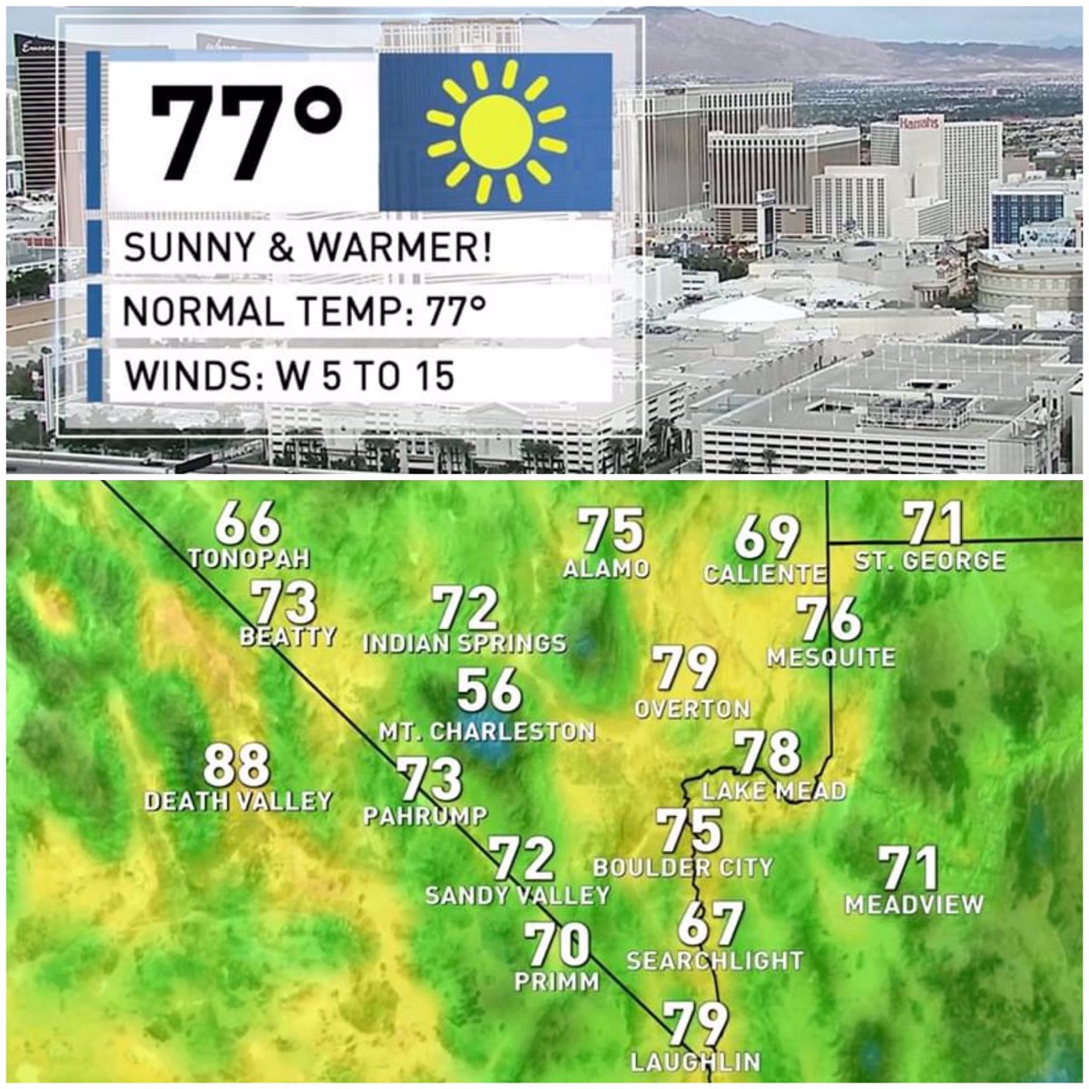 ChloeKoast's tweet photo. Forgot to post this yesterday, but here are your high temperatures for Saturday! 😎 #WeatherAuthority #LasVegas #SaturdayForecast https://t.co/SYm7grkaty