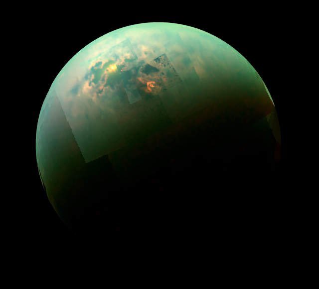 Sunlight reflecting from the liquid on Titan. The 2nd image (radar) shows hydrobarbon lakes and rivers