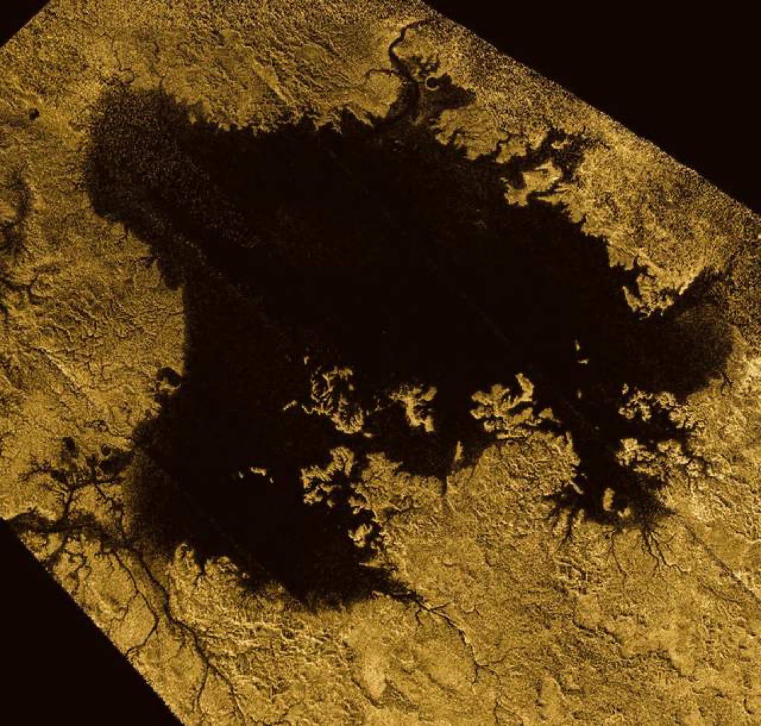 Sunlight reflecting from the liquid on Titan. The 2nd image (radar) shows hydrobarbon lakes and rivers