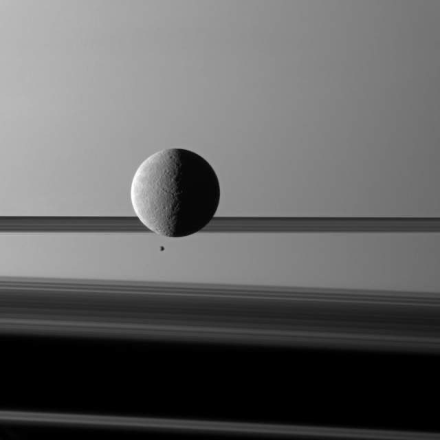 I also love these shots of Rhea, also by Cassini In the first you can see Epimetheus below Rhea