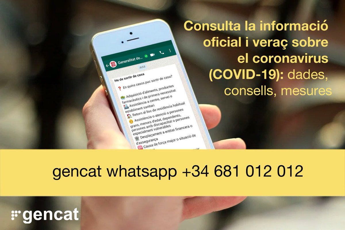 gencat's tweet photo. Amb un funcionament molt senzill, el 🤖 bot de #WhatsApp sobre el #coronavirus resol dubtes sobre l’evolució de la pandèmia, consells de prevenció o mesures per al confinament.

Accedeix-hi clicant a https://t.co/YW8EkuOcRk o afegint el número 𝟲𝟴𝟭 𝟬𝟭𝟮 𝟬𝟭𝟮 als contactes https://t.co/RyujuRp56B