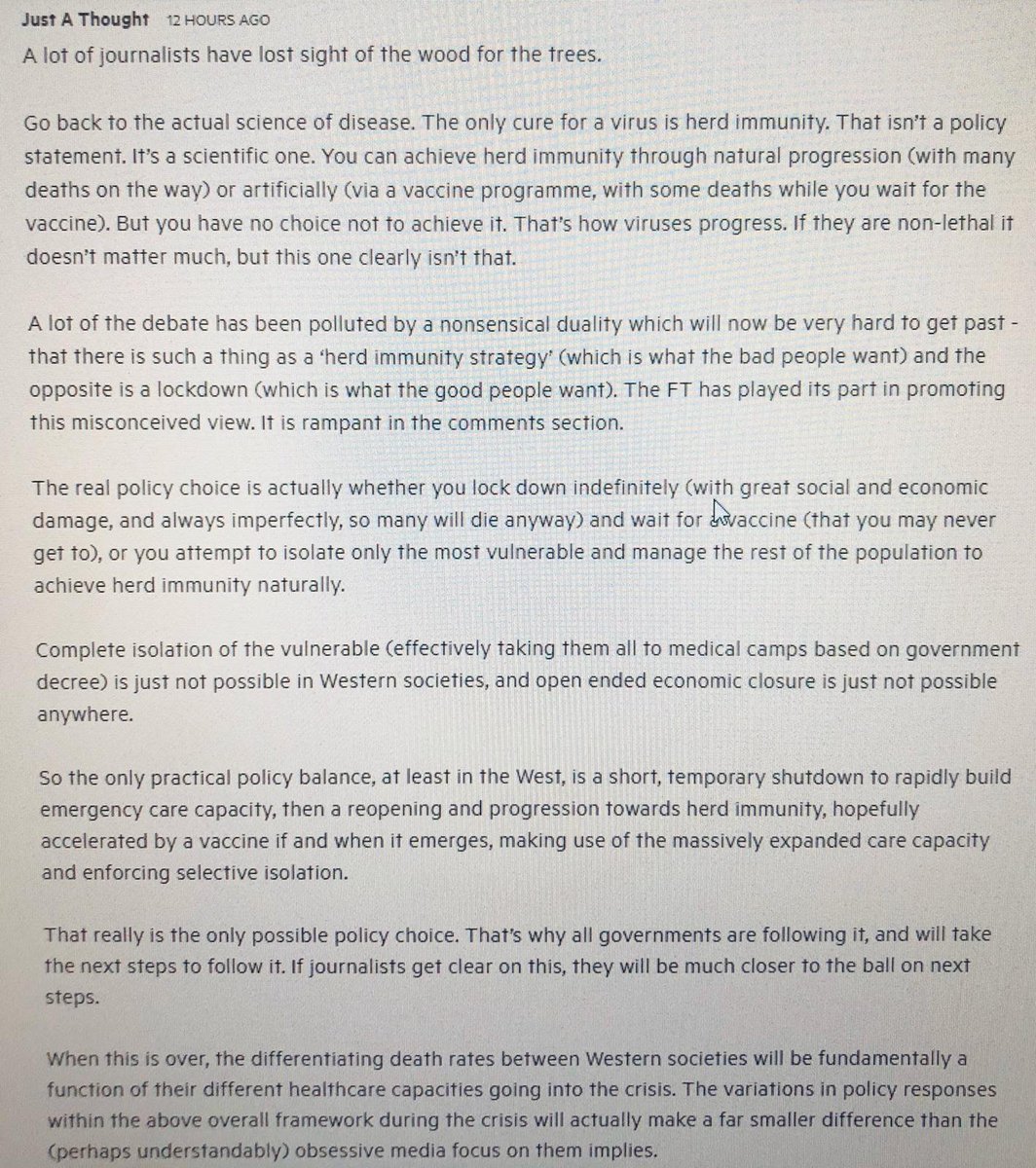 This comment from an anonymous FT reader offers a succinct and simplifying framework for how to think about C-19 and the government's response to it.