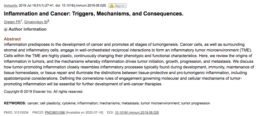 11/8)CancersIL-17A producing cells are closely associated w/cancer. Depending on cancer type, IL-17A may have pro or anti-tumorigenic effects. https://www.ncbi.nlm.nih.gov/pmc/articles/PMC7049578/Chronic inflammation contributes to cancer development, growth, therapy resistance & metastasis (31315034)