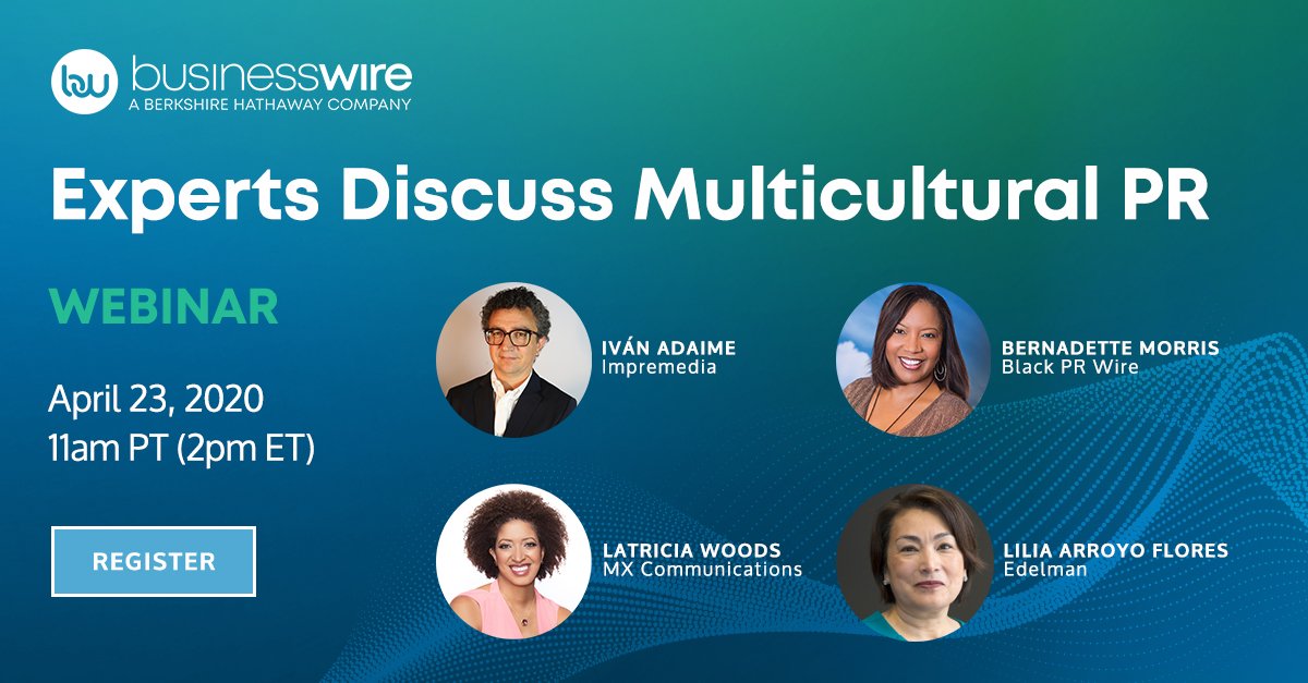 [Webinar] Join <a href="/LTWoods/">LowellWoods</a> <a href="/BernadetteCEO/">Bernadette Morris</a> <a href="/ivanis/">Iván Adaime</a> <a href="/lilflo2003/">Lilia Flores</a> and <a href="/PilarPortelaPR/">Pilar Portela</a> on 4/23 for a timely discussion on how to authentically connect with diverse audiences. RSVP here:  bwnews.pr/2XlZ91V #PR #Comms #MulticulturalPR