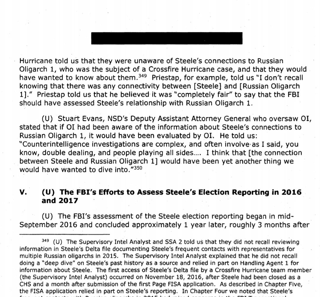 3. The footnote states an FBI intelligence analyst on Crossfire Hurricane probe admitted they "did not recall reviewing information in Steele's Delta file documenting Steele's frequent contacts with representatives for multiple Russian oligarchs in 2015."