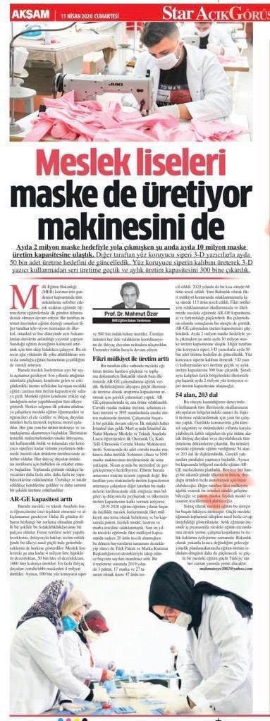 Meslek liseleri, ülkemize nitelikli insan kaynağı yetiştirmenin yanında, bu zor dönemde ihtiyaç duyulan ürünleri üretiyor.Bakanımız <a href="/ziyaselcuk/">Ziya Selçuk</a>, öğretmen ve öğrencilerimize teşekkür ediyoruz. Milli Eğitim Bakan Yrd Mahmut Özer yapılanları özetlemiş <a href="/tcmeb/">Millî Eğitim Bakanlığı</a>  m.star.com.tr/acik-gorus/mes…