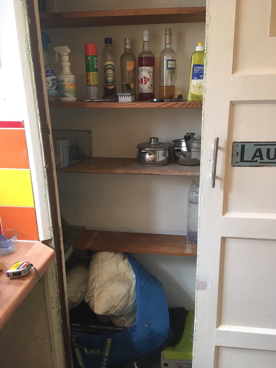 A very useful cupboard. No dead bodies (Phew!) Pans and old pillows  Some ancient booze, and Fruit and Barley with a use by date of July 2010. And a shoebox that I haven’t dared open yet. The Shoebox of Doom  (The End. For now)