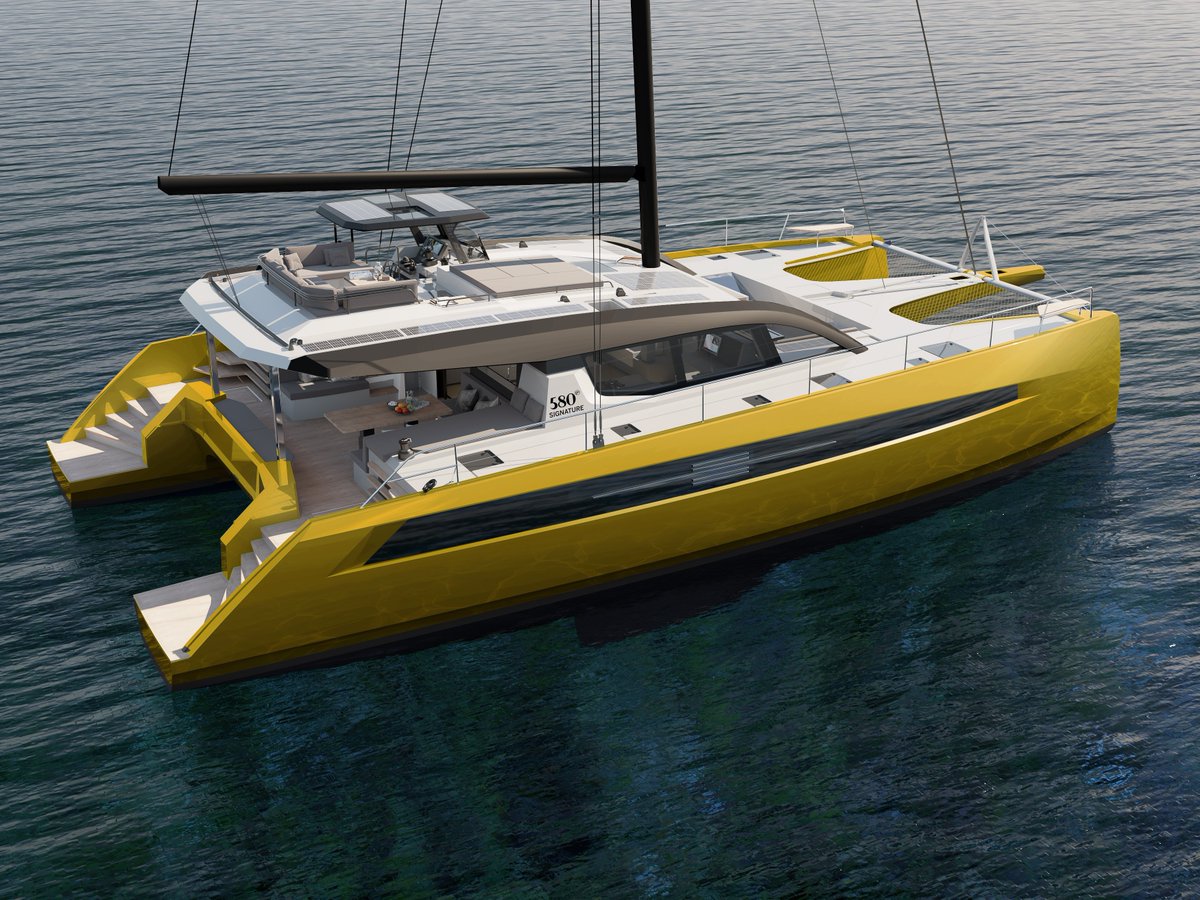 Privilege Signature 580 in Mercedes Yellow, a hull color for the brave. #privilegecatamarans #hullcolors #privilege580 #bluewatersailing #circumnavigator #sailor #sailing #adventure #travelbysea #goingplaces #yacht #mercedesyellow #yellow