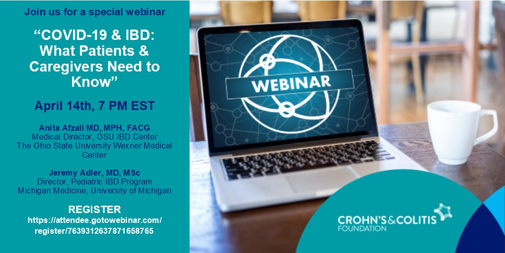 Join us for a webinar COVID-19 &amp; IBD on April 14th. Register Today: bit.ly/2V8uKla