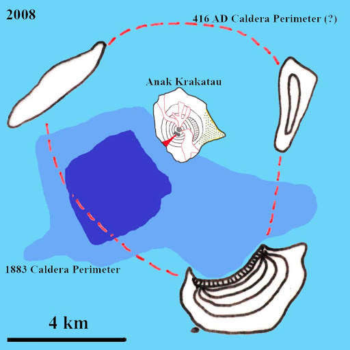 O vulcão Krakatoa em si não existe mais, ele colapsou na catastrófica erupção do século XIX. Todavia, em 1927, um novo cone vulcânico emergiu de sua caldeira, o Anak Krakatoa (o 'filho de Krakatoa', em indonésio). E é o ANAK KRAKATOA que entrou em erupção ontem (sexta, 10/03).