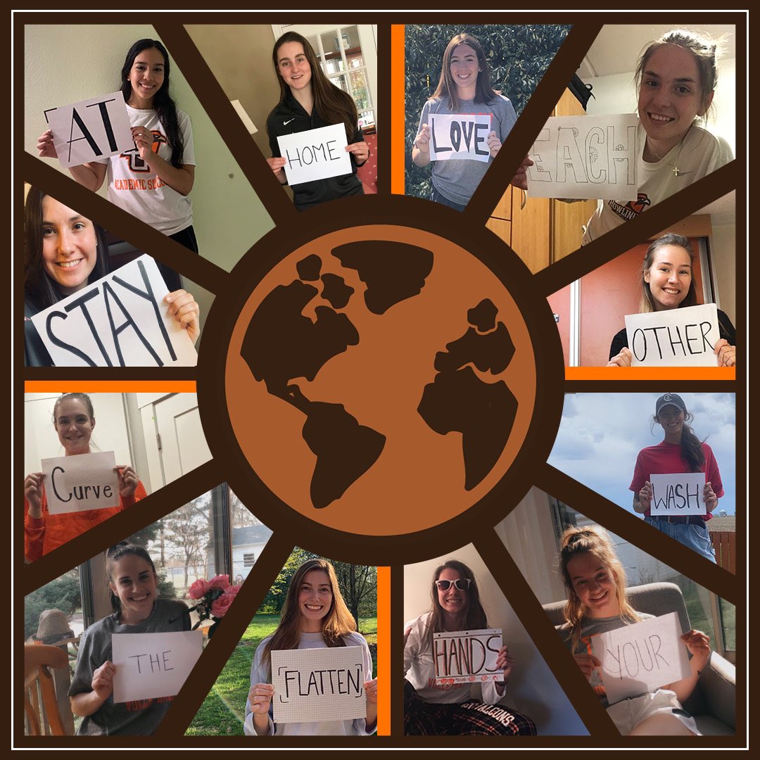 BGSUVolleyball's tweet photo. stay at home β’ love each other β’ wash your hands β’ flatten the curve
Across the world our team is doing our part to help flatten the curve. We salute everyone who is fighting on the front lines of this pandemic, especially our former @bgsu student-athletes. #FrontlineFalcons https://t.co/c4WNjeXhK6