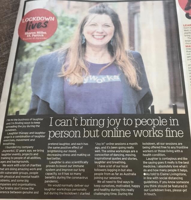 joyworkslaugh's tweet photo. Thanks to the wonderful Anne Hughes and Elaine Livingstone for this lovely article in today’s Daily Record. #joyworks #makejoywork #letshaveajoyininstead #laughtertherapy #onlineevent #bettermental #selfcare #wellness #laughteryoga https://t.co/ygkY1Vc3O6 https://t.co/fepHdcUmn6