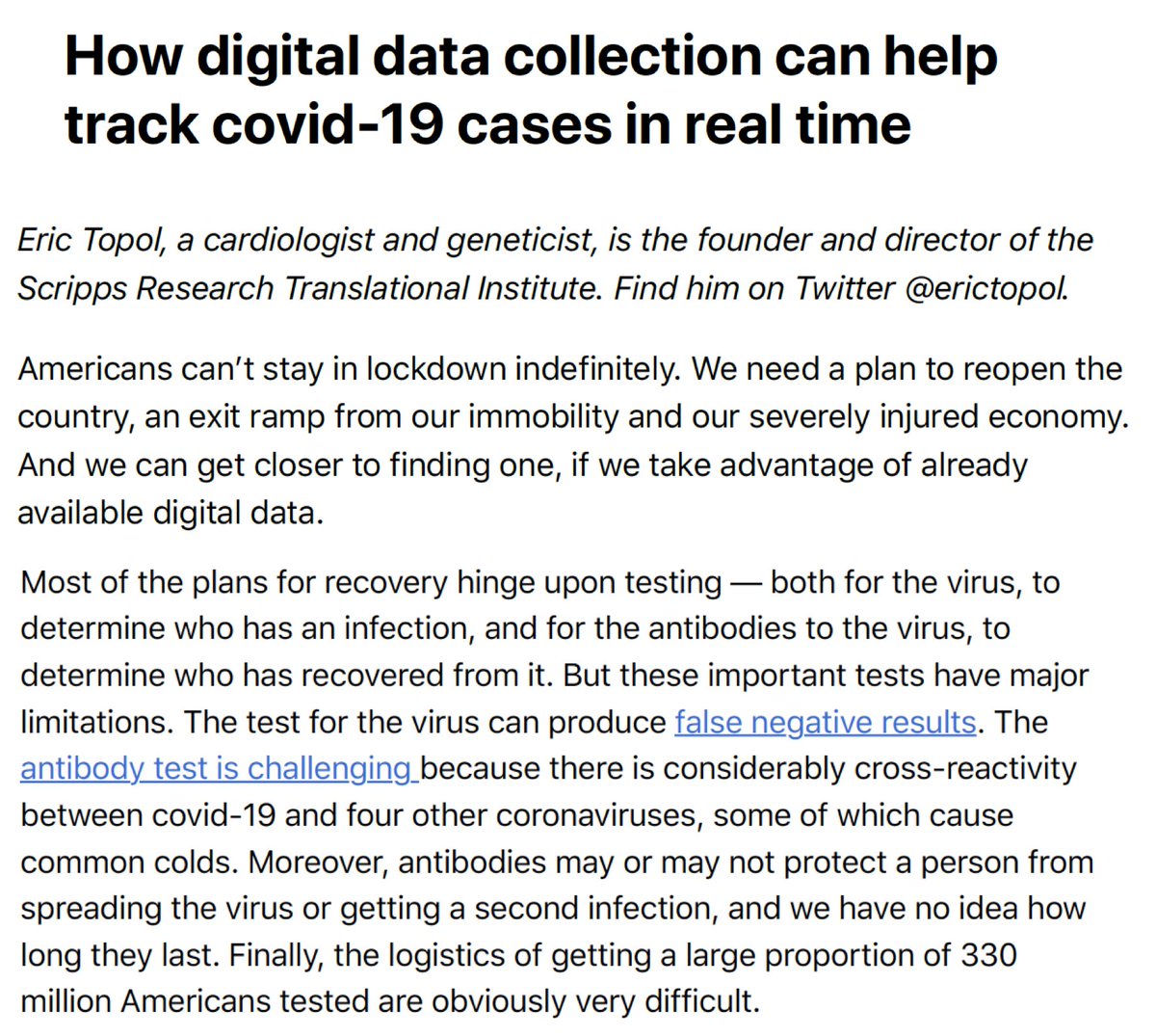 Most are advocating some version of massive testing as the guide. But doing that for a country of 330 million people is very challenging, w/ uncertainties of the tests, the need to serially assess, and to plan for a long surveillance (e.g. 18 months) periodFull text here 2/x