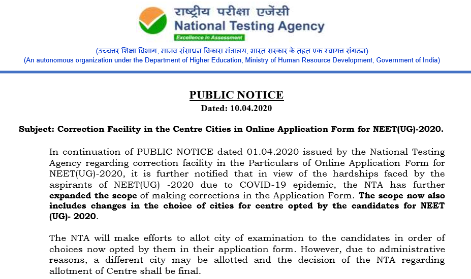 BulletinNeet's tweet photo. NTA Notice: Change of Choice of Exam Center for NEET UG 2020 #NEET #NEETUG2020 #COVID19KE 
https://t.co/bMQCoIxY1R https://t.co/9AB9GC5vEV