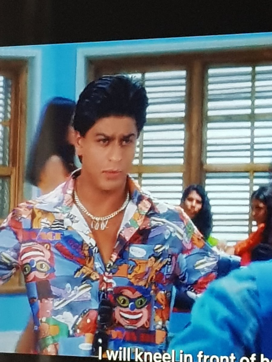We find out Tina is the principal's daughter. But let's take a moment to appreciate this shirt.  It was cool, until I spotted the 'COOL' chain around his neck. Ruined it.  #KuchKuchHotaHai