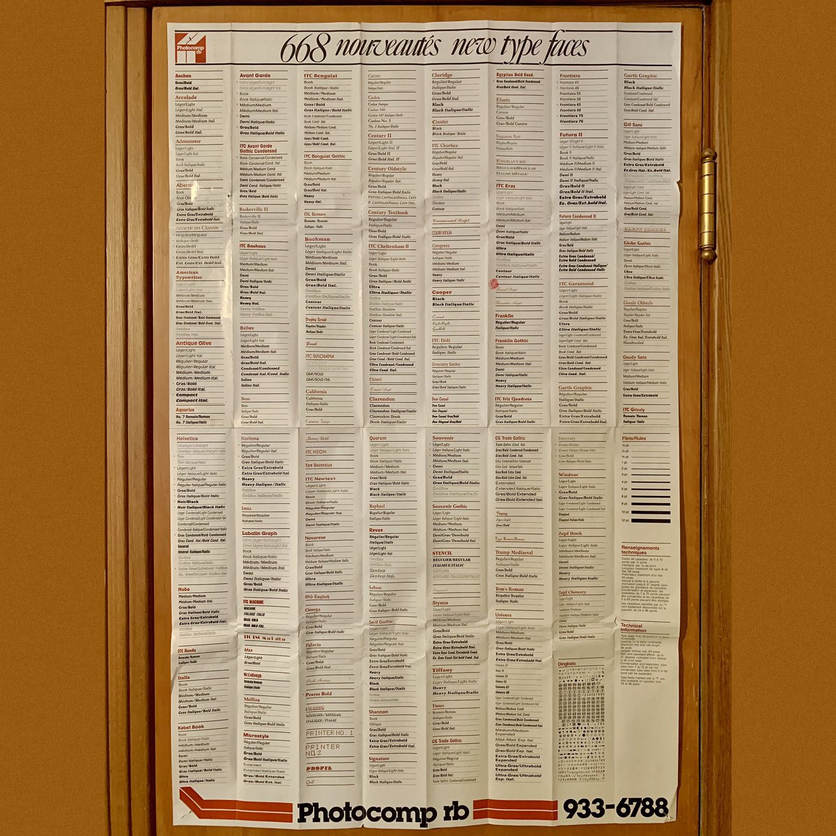 bernardreischl's tweet photo. How many of you old timer graphic artists had one of these type house typeface charts next to your drafting table? Was going through one of the boxes in my basement when I came across this gem from the 1980s. Type choices were a lot simpler back then. #typesetting #typecharts https://t.co/0QICEgvTdW