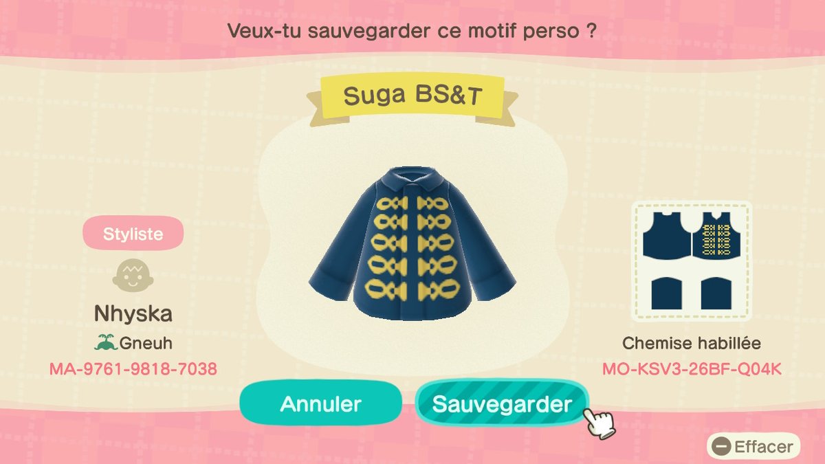 Je recommence mon thread  #BTS   ft.  #AnimalCrossingNewHorizons   parce que j'ai enfin débloqué le magasin et j'avais raté les # ahah... quel boulet.1/ Mini Suga - Blood Sweat and Tears #ACNH    #ACNHDesigns  #BTS  