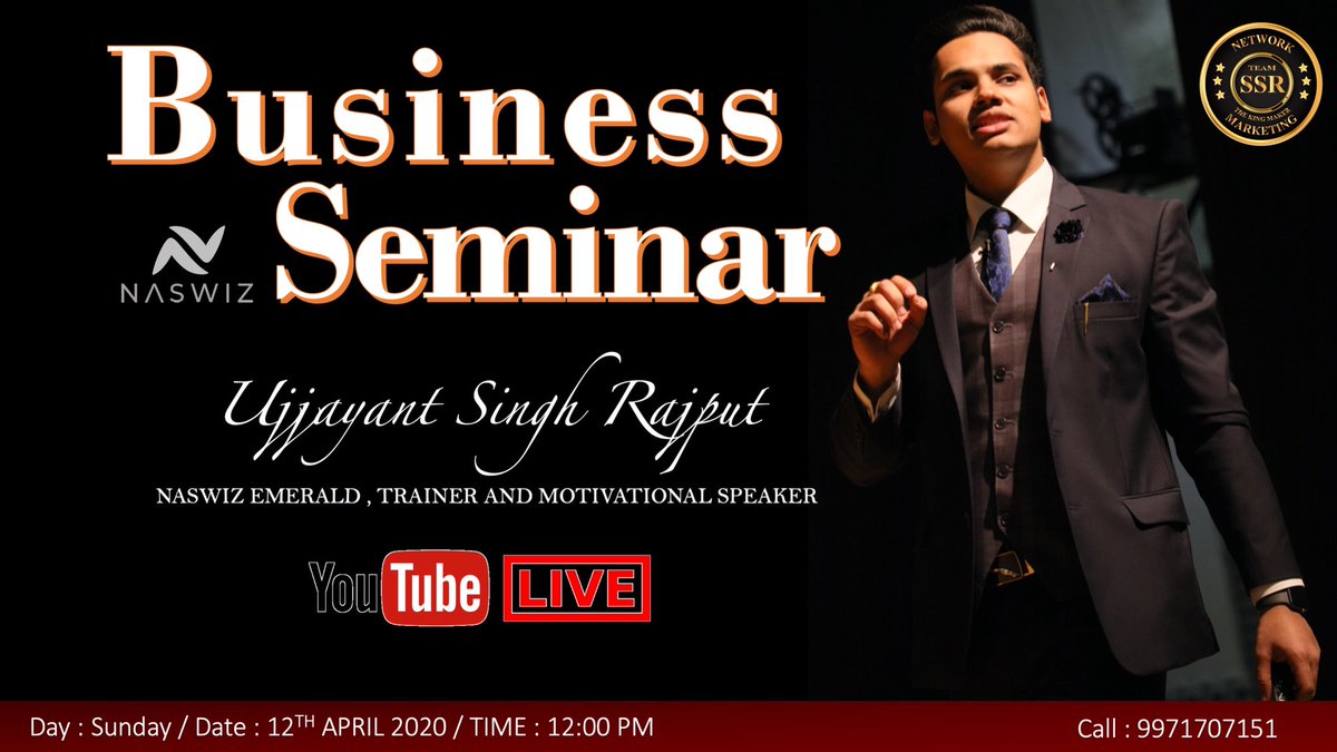 ujjayant5556's tweet image. Naswiz Businesses Seminar : 
Day : Sunday 
Date : 12/04/2020
Time : 12:00 PM 
Venue : Live on Youtube 

youtube.com/user/marketing…

#Naswiz
#Marketinggyaan
#TeamSSR
