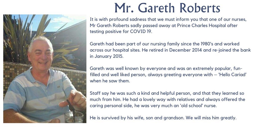RIP NHS hero Gareth Roberts, an & #39;old school& #39; nurse remembered by his colleagues in Cardiff and the Vale.   #NHSheroes  https://twitter.com/CV_UHB/st...
