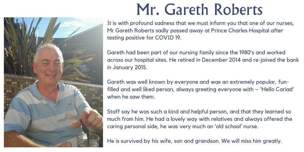 RIP NHS hero Gareth Roberts, an 'old school' nurse remembered by his colleagues in Cardiff and the Vale.  #NHSheroes  https://twitter.com/CV_UHB/status/1248978668883509253