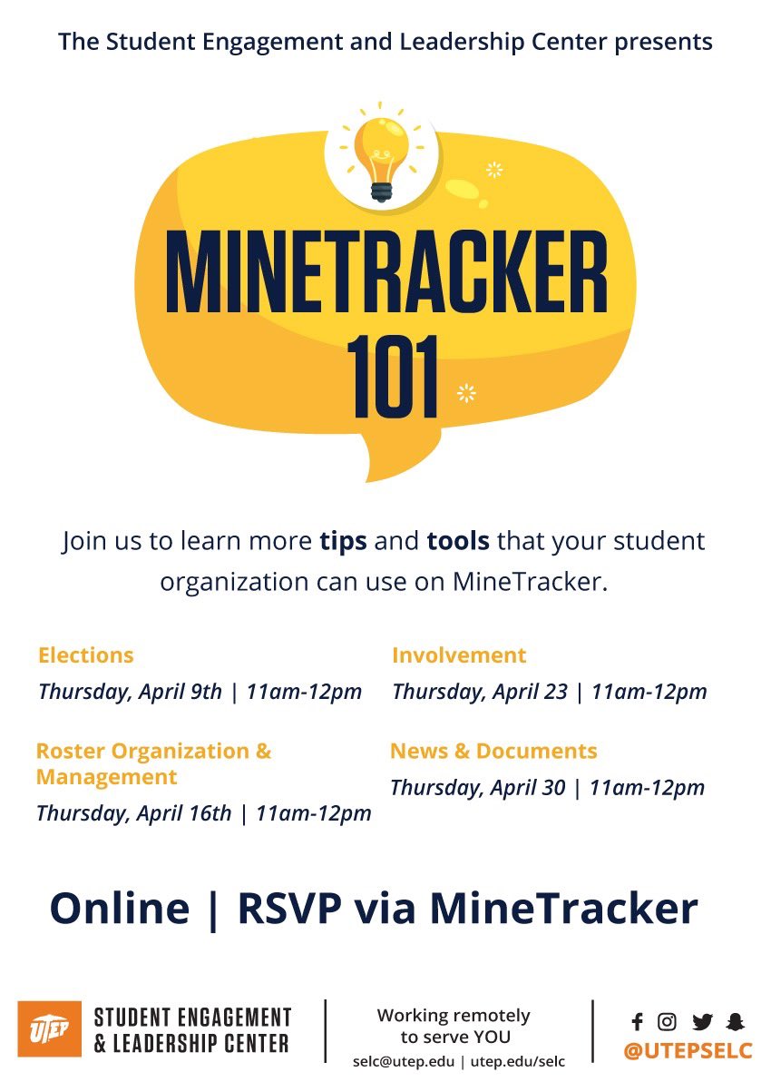 utepgetinvolved's tweet photo. Join us every Thursday this month, as we go over different MineTracker tips & tools for your student organization! Thanks to everyone who joined this past week to learn about Virtual Elections. RSVP for each session via MineTracker. π§‘β#UTEPEvents
https://t.co/5y1jf28aAX https://t.co/5RO13Knb84
